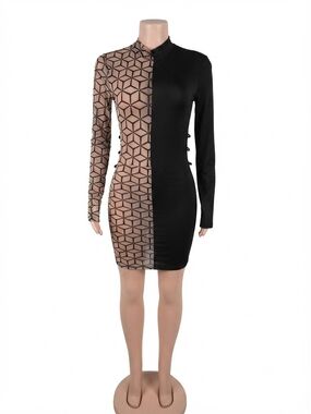 Two-Tone Black and Nude Geometric Sheer Bodycon Dress